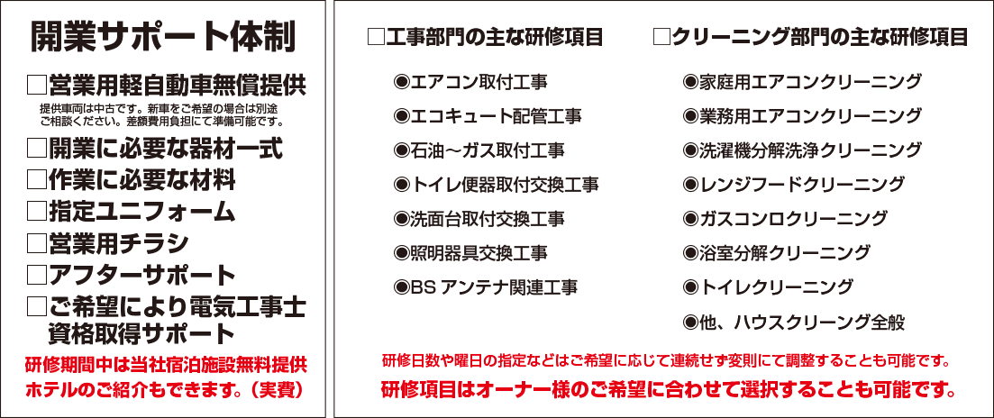 開業サポート体制・営業用軽自動車無償提供（提供車両は中古です。新車をご希望の場合は別途ご相談ください。差額費用負担にて準備可能です。）・開業に必要な器材一式・作業に必要な材料・指定ユニフォーム・営業用チラシ・アフターサポート・ご希望により電気工事士資格取得サポート　研修期間中は当社宿泊施設無料提供　ホテルのご紹介もできます。（実費）　　工事部門の主な研修項目　◉エアコン取付工事　◉エコキュート配管工事　◉石油〜ガス取付工事　◉トイレ便器取付交換工事　◉洗面台取付交換工事　◉照明器具交換工事　◉BSアンテナ関連工事　　クリーニング部門の主な研修項目　　◉家庭用〜業務用エアコンクリーニング　◉洗濯機分解洗浄クリーニング　　◉レンジフードクリーニング　◉ガスコンロクリーニング　◉浴室分解クリーニング　◉トイレクリーニング　◉他、ハウスクリーング全般