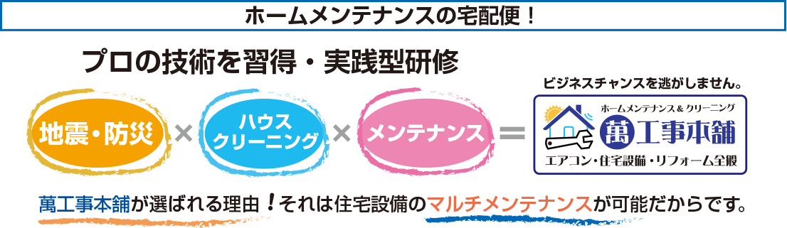 ホームメンテナンスの宅配便！プロの技術を習得・実践型研修　　地震・防災×ハウスクリーニング×メンテナンス＝萬工事本舗　萬工事本舗が選ばれる理由！それは住宅設備のマルチメンテナンスが可能だからです。 だからビジネスチャンスをお逃しません。ホームメンテナンス＆クリーニング/萬工事本舗/エアコン・住宅設備・リフォーム全般
